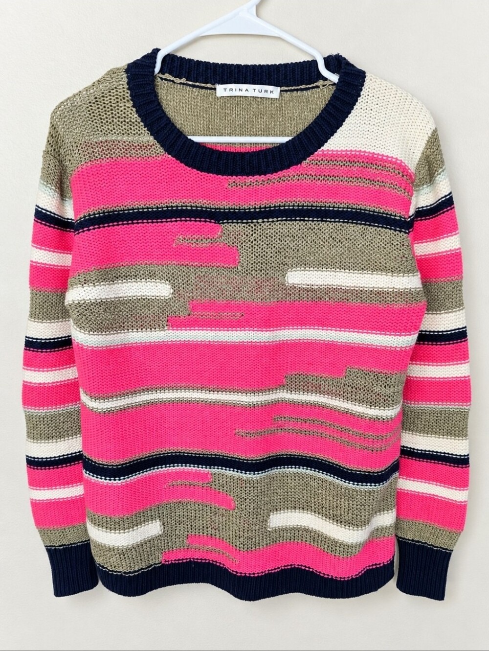 Trina Turk Women's Merino Wool Blend Striped Pullover Sweater Pink Navy Crewneck